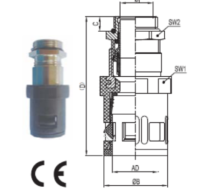 Connettore con guarnizione con pressacavo e filetto metallico schermante